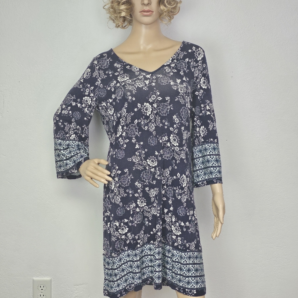 Anthropology Dress Skies Are Blue Blue Boho Knit Open Back Bell Sleeve Sz M Boho